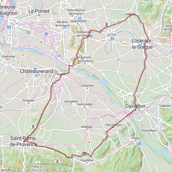 Mapa miniatúra "Gravel do Vesnice Noves a zpět" cyklistická inšpirácia v Provence-Alpes-Côte d’Azur, France. Vygenerované cyklistickým plánovačom trás Tarmacs.app