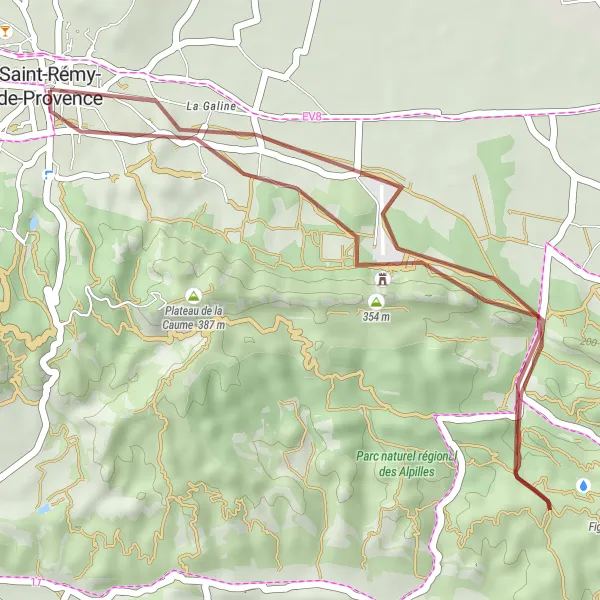 Mapa miniatúra "Kráľovský cyklistický výlet do Saint-Rémy-de-Provence" cyklistická inšpirácia v Provence-Alpes-Côte d’Azur, France. Vygenerované cyklistickým plánovačom trás Tarmacs.app