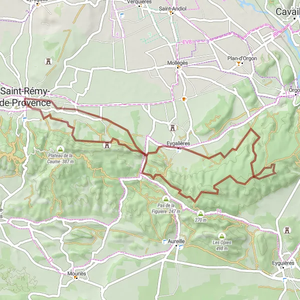 Zemljevid v pomanjšavi "Naravna lepota okoli Saint-Rémy-de-Provence" kolesarske inspiracije v Provence-Alpes-Côte d’Azur, France. Generirano z načrtovalcem kolesarskih poti Tarmacs.app