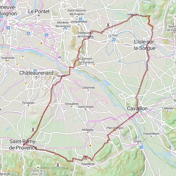Mapa miniatúra "Prírodný výlet cez Noves a Plan-d'Orgon" cyklistická inšpirácia v Provence-Alpes-Côte d’Azur, France. Vygenerované cyklistickým plánovačom trás Tarmacs.app