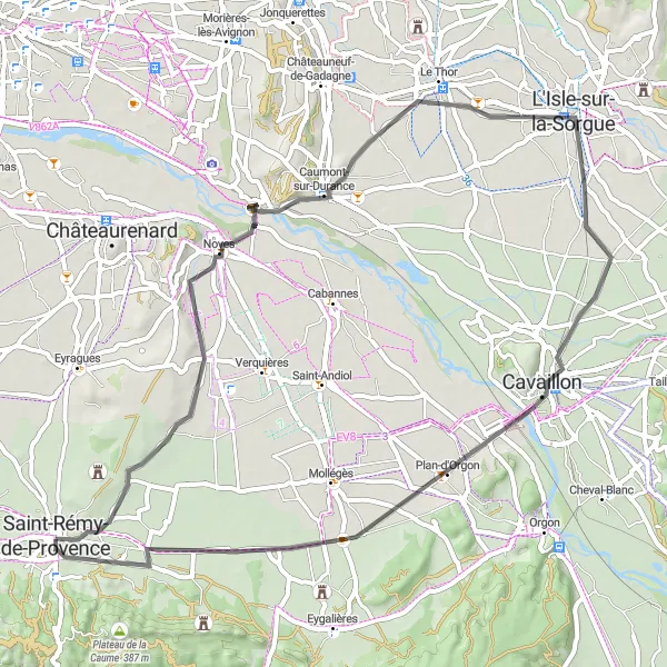 Mapa miniatúra "Road kolem L'Isle-sur-la-Sorgue a Plateau des Antiques" cyklistická inšpirácia v Provence-Alpes-Côte d’Azur, France. Vygenerované cyklistickým plánovačom trás Tarmacs.app