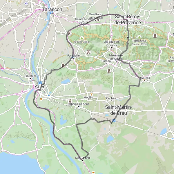 Mapa miniatúra "Historický okruh cez Saint-Martin-de-Crau a Pont Van-Gogh" cyklistická inšpirácia v Provence-Alpes-Côte d’Azur, France. Vygenerované cyklistickým plánovačom trás Tarmacs.app