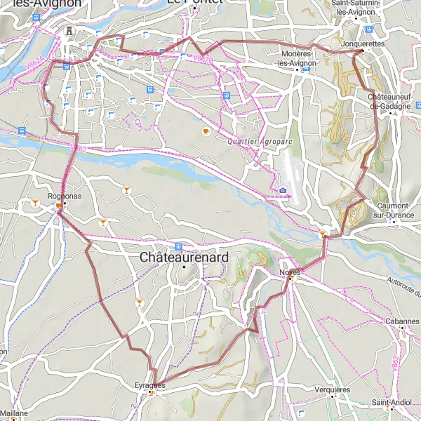 Mapa miniatúra "Gravelový okruh kolem Noves a Saint-Jean" cyklistická inšpirácia v Provence-Alpes-Côte d’Azur, France. Vygenerované cyklistickým plánovačom trás Tarmacs.app