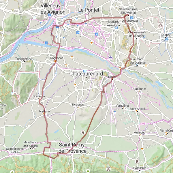 Mapa miniatúra "Gravelová výzva cez Saint-Rémy-de-Provence" cyklistická inšpirácia v Provence-Alpes-Côte d’Azur, France. Vygenerované cyklistickým plánovačom trás Tarmacs.app