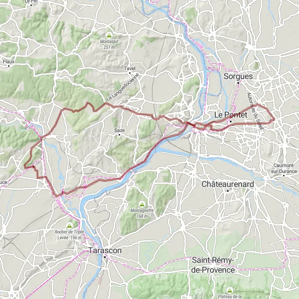 Map miniature of "Gard's Gravel Adventure" cycling inspiration in Provence-Alpes-Côte d’Azur, France. Generated by Tarmacs.app cycling route planner