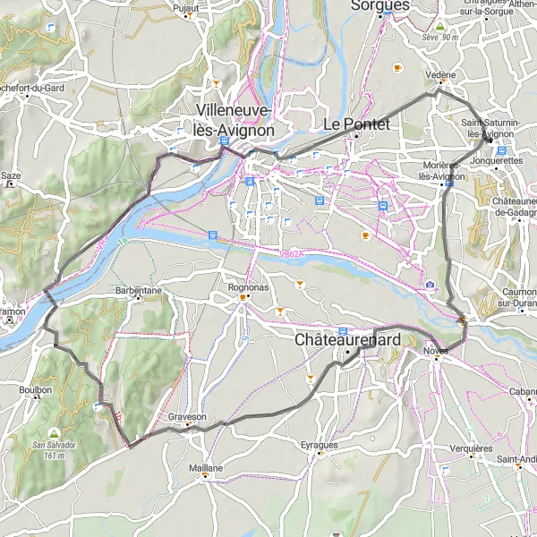 Mapa miniatúra "Okruh cez Noves a Graveson" cyklistická inšpirácia v Provence-Alpes-Côte d’Azur, France. Vygenerované cyklistickým plánovačom trás Tarmacs.app