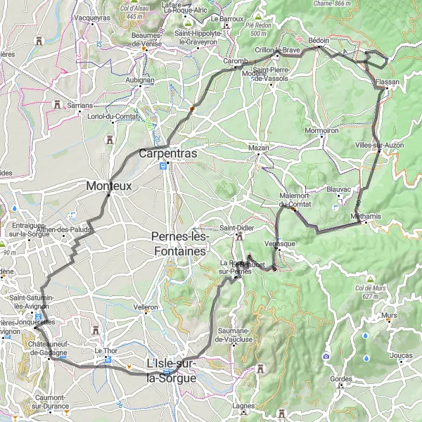 Miniaturní mapa "Okruh Monteux - Mairie de Crillon le Brave - Bédoin - Villes-sur-Auzon - La Roque-sur-Pernes - L'Isle-sur-la-Sorgue - Châteauneuf-de-Gadagne" inspirace pro cyklisty v oblasti Provence-Alpes-Côte d’Azur, France. Vytvořeno pomocí plánovače tras Tarmacs.app