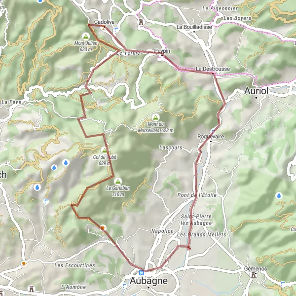 Miniaturekort af cykelinspirationen "Offroad eventyr gennem La Cride og Col d'Aubignane" i Provence-Alpes-Côte d’Azur, France. Genereret af Tarmacs.app cykelruteplanlægger