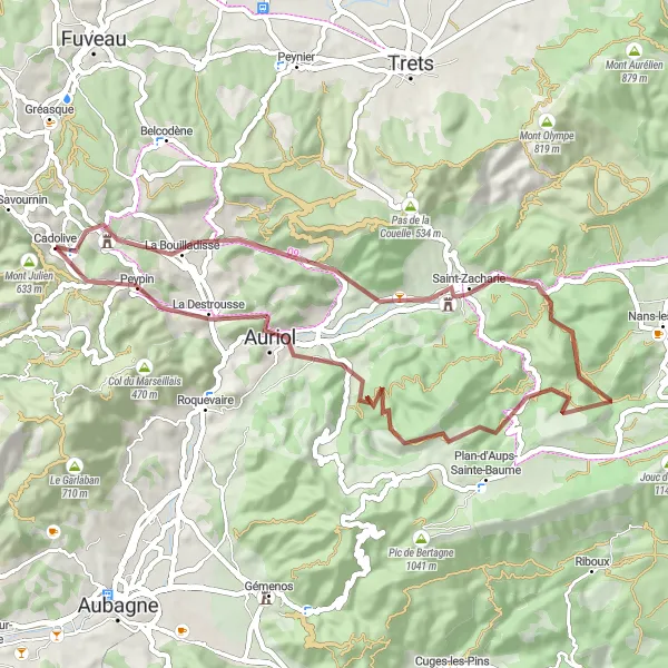 Miniatuurkaart van de fietsinspiratie "Avontuurlijke tocht door La Bouilladisse en Auriol" in Provence-Alpes-Côte d’Azur, France. Gemaakt door de Tarmacs.app fietsrouteplanner