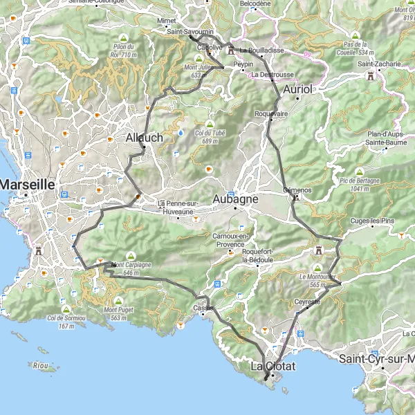 Miniaturekort af cykelinspirationen "Den Spektakulære Provence-Alpes-Côte d’Azur Rute" i Provence-Alpes-Côte d’Azur, France. Genereret af Tarmacs.app cykelruteplanlægger