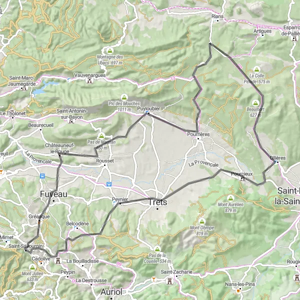 Mapa miniatúra "Okružná cyklistická trasa cez Châteauneuf-le-Rouge a Le Castellas" cyklistická inšpirácia v Provence-Alpes-Côte d’Azur, France. Vygenerované cyklistickým plánovačom trás Tarmacs.app