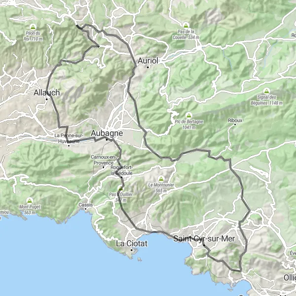 Miniaturní mapa "Výzva kolem Saint-Cyr-sur-Mer" inspirace pro cyklisty v oblasti Provence-Alpes-Côte d’Azur, France. Vytvořeno pomocí plánovače tras Tarmacs.app