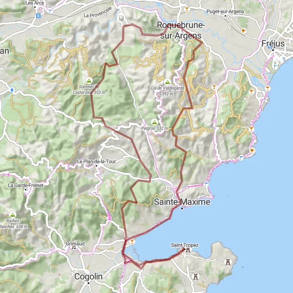 Miniaturní mapa "Zalesněný okruh kolem Saint-Tropez" inspirace pro cyklisty v oblasti Provence-Alpes-Côte d’Azur, France. Vytvořeno pomocí plánovače tras Tarmacs.app