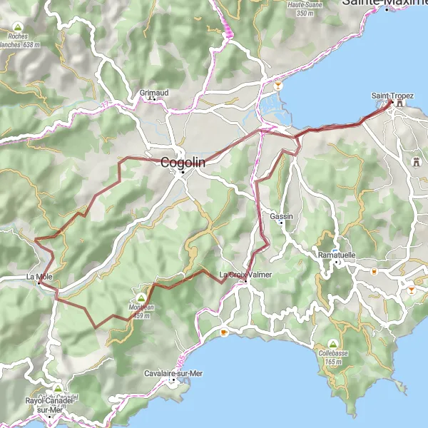 Miniaturekort af cykelinspirationen "Bakkestigningen til Saint-Tropez" i Provence-Alpes-Côte d’Azur, France. Genereret af Tarmacs.app cykelruteplanlægger