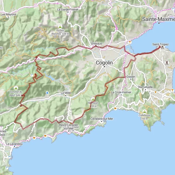 Kartminiatyr av "Grusväg till St. Tropez" cykelinspiration i Provence-Alpes-Côte d’Azur, France. Genererad av Tarmacs.app cykelruttplanerare