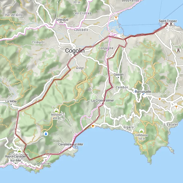 Zemljevid v pomanjšavi "Gorsko kolesarjenje v bližini Saint-Tropeza" kolesarske inspiracije v Provence-Alpes-Côte d’Azur, France. Generirano z načrtovalcem kolesarskih poti Tarmacs.app