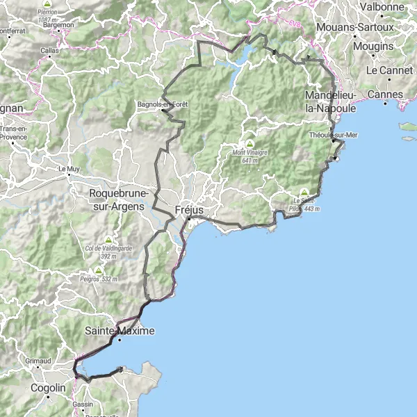 Kartminiatyr av "Utmanande landsvägscykling runt Saint-Tropez" cykelinspiration i Provence-Alpes-Côte d’Azur, France. Genererad av Tarmacs.app cykelruttplanerare