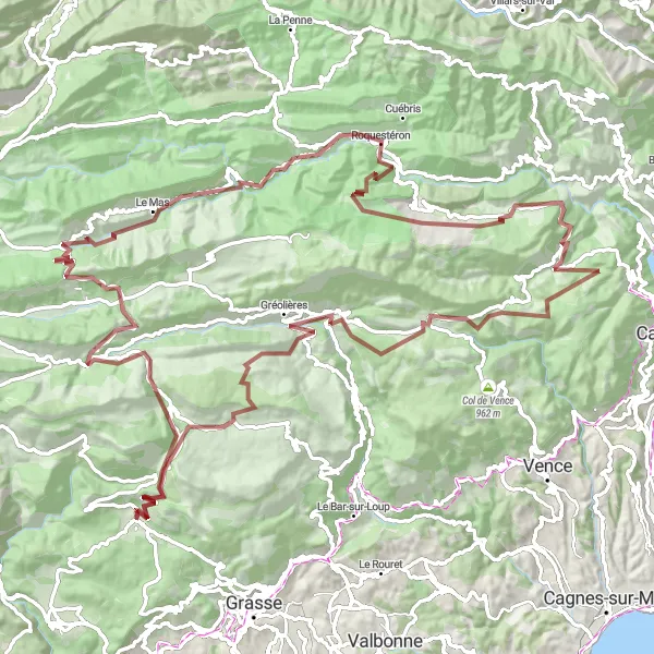 Mapa miniatúra "Gravelová dobrodružná jazda okolo Saint-Vallier-de-Thiey" cyklistická inšpirácia v Provence-Alpes-Côte d’Azur, France. Vygenerované cyklistickým plánovačom trás Tarmacs.app