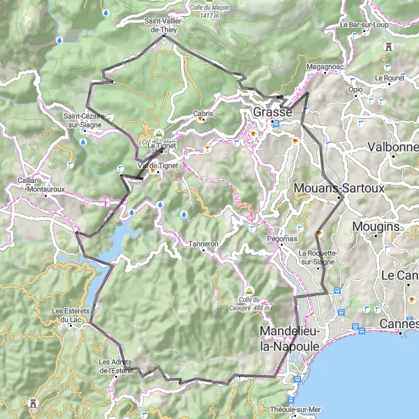 Kartminiatyr av "Utforske Grasse og Mandelieu-la-Napoule" sykkelinspirasjon i Provence-Alpes-Côte d’Azur, France. Generert av Tarmacs.app sykkelrutoplanlegger