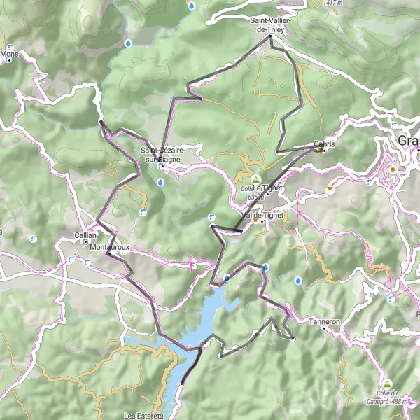 Miniaturní mapa "Okruh kolem Saint-Vallier-de-Thiey s náročnými stoupáními" inspirace pro cyklisty v oblasti Provence-Alpes-Côte d’Azur, France. Vytvořeno pomocí plánovače tras Tarmacs.app