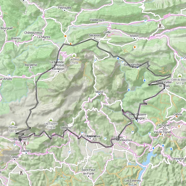 Miniaturní mapa "Road cesta kousek od Saint-Vallier-de-Thiey" inspirace pro cyklisty v oblasti Provence-Alpes-Côte d’Azur, France. Vytvořeno pomocí plánovače tras Tarmacs.app