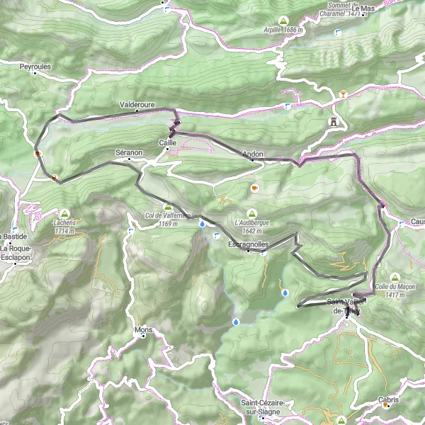Map miniature of "Road Cycling Expedition near Saint-Vallier-de-Thiey" cycling inspiration in Provence-Alpes-Côte d’Azur, France. Generated by Tarmacs.app cycling route planner