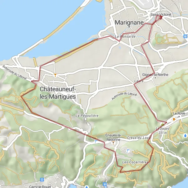 Miniaturní mapa "Gravelový okruh kolem Saint-Victoret a okolí" inspirace pro cyklisty v oblasti Provence-Alpes-Côte d’Azur, France. Vytvořeno pomocí plánovače tras Tarmacs.app