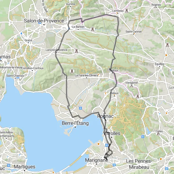 Miniatua del mapa de inspiración ciclista "Circuito en carretera que incluye Lambesc y Rognac" en Provence-Alpes-Côte d’Azur, France. Generado por Tarmacs.app planificador de rutas ciclistas
