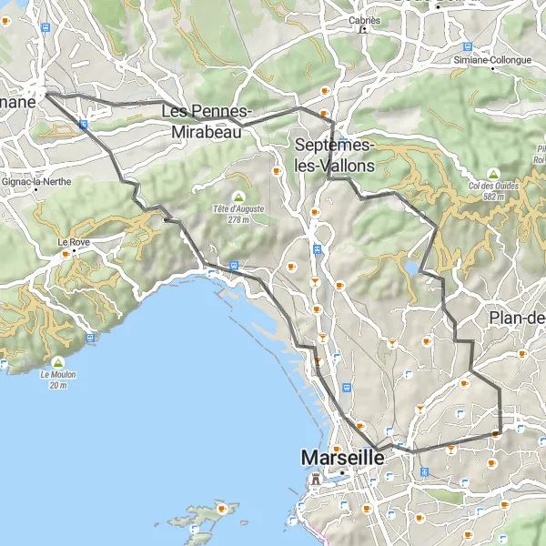 Karttaminiaatyyri "Kulttuurireitti Les Pennes-Mirabeausta Les Platanesiin" pyöräilyinspiraatiosta alueella Provence-Alpes-Côte d’Azur, France. Luotu Tarmacs.app pyöräilyreittisuunnittelijalla