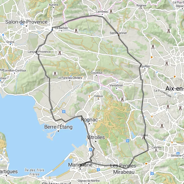 Miniatua del mapa de inspiración ciclista "Ruta de ciclismo de carretera por Saint-Cannat y Château de Marignane" en Provence-Alpes-Côte d’Azur, France. Generado por Tarmacs.app planificador de rutas ciclistas