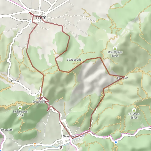 Kartminiatyr av "Grustur til Saint-Jean du Puy fra Saint-Zacharie" sykkelinspirasjon i Provence-Alpes-Côte d’Azur, France. Generert av Tarmacs.app sykkelrutoplanlegger