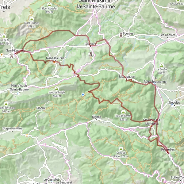 Miniaturní mapa "Gravelový okruh kolem Saint-Zacharie" inspirace pro cyklisty v oblasti Provence-Alpes-Côte d’Azur, France. Vytvořeno pomocí plánovače tras Tarmacs.app