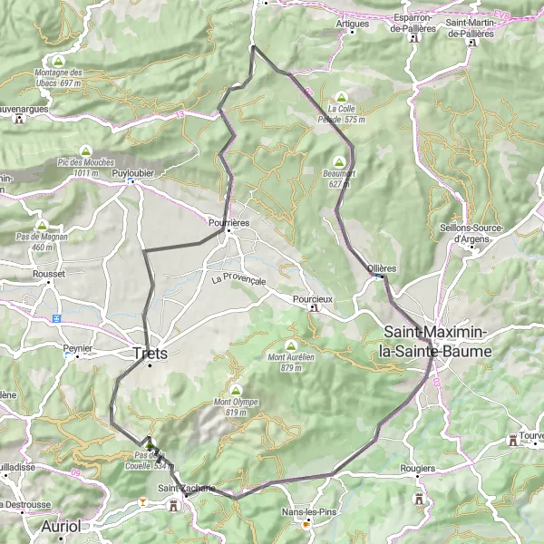 Zemljevid v pomanjšavi "Cestno kolesarjenje v bližini Saint-Zacharie (72 km)" kolesarske inspiracije v Provence-Alpes-Côte d’Azur, France. Generirano z načrtovalcem kolesarskih poti Tarmacs.app