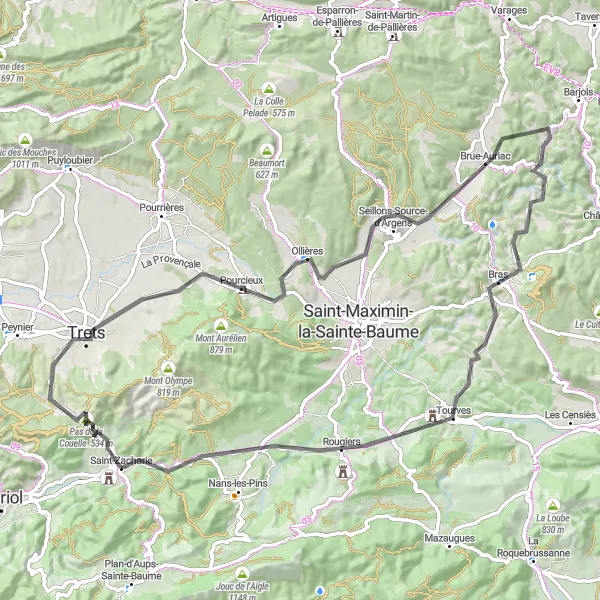 Zemljevid v pomanjšavi "Kolesarska tura Saint-Zacharie - Tourves - Piégu" kolesarske inspiracije v Provence-Alpes-Côte d’Azur, France. Generirano z načrtovalcem kolesarskih poti Tarmacs.app