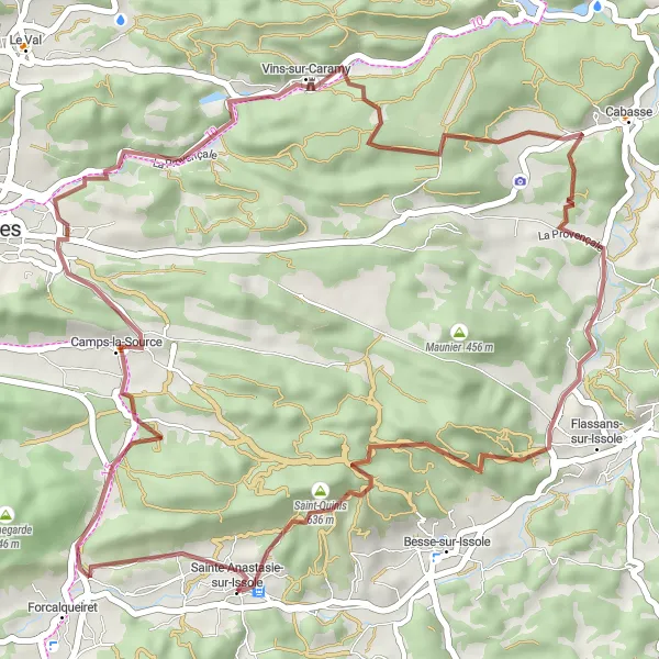 Zemljevid v pomanjšavi "Camps-la-Source do Saint-Quinis neozemljena kolesarska pot" kolesarske inspiracije v Provence-Alpes-Côte d’Azur, France. Generirano z načrtovalcem kolesarskih poti Tarmacs.app