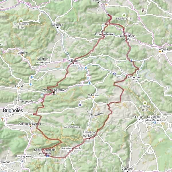 Miniatua del mapa de inspiración ciclista "Ruta de Grava a través de Sainte-Anastasie-sur-Issole" en Provence-Alpes-Côte d’Azur, France. Generado por Tarmacs.app planificador de rutas ciclistas