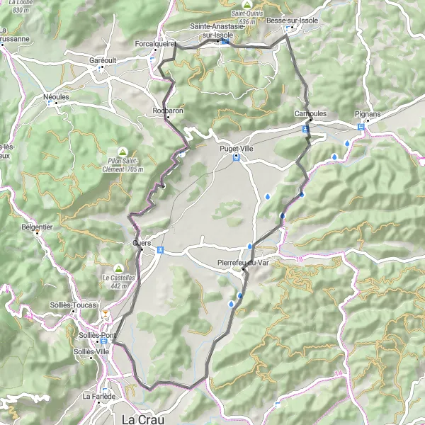 Miniaturní mapa "Cyklotrasa kolem Sainte-Anastasie-sur-Issole" inspirace pro cyklisty v oblasti Provence-Alpes-Côte d’Azur, France. Vytvořeno pomocí plánovače tras Tarmacs.app