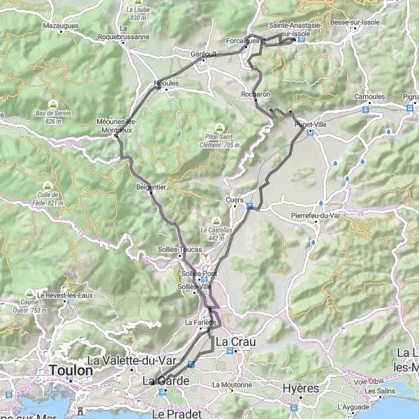 Karttaminiaatyyri "Tieajo Sainte-Anastasie-sur-Issolesta" pyöräilyinspiraatiosta alueella Provence-Alpes-Côte d’Azur, France. Luotu Tarmacs.app pyöräilyreittisuunnittelijalla