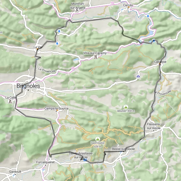 Karttaminiaatyyri "Tiepyöräily Brignolesista Besse-sur-Issoleen" pyöräilyinspiraatiosta alueella Provence-Alpes-Côte d’Azur, France. Luotu Tarmacs.app pyöräilyreittisuunnittelijalla