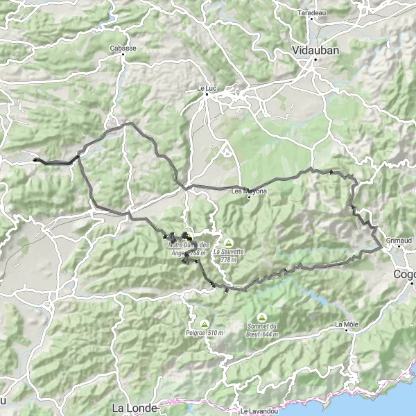 Miniature de la carte de l'inspiration cycliste "Challenge des Col de Taillude et Perremenguier" dans la Provence-Alpes-Côte d’Azur, France. Générée par le planificateur d'itinéraire cycliste Tarmacs.app