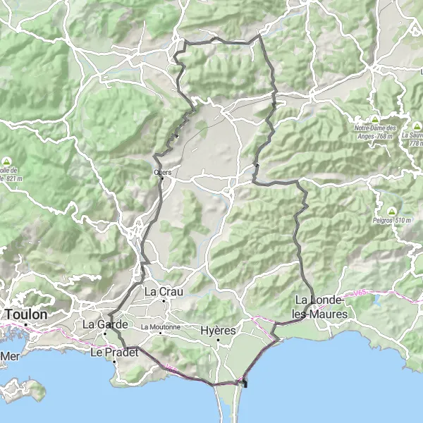 Kartminiatyr av "Lång landsvägscykelrutt till Sainte-Anastasie-sur-Issole" cykelinspiration i Provence-Alpes-Côte d’Azur, France. Genererad av Tarmacs.app cykelruttplanerare