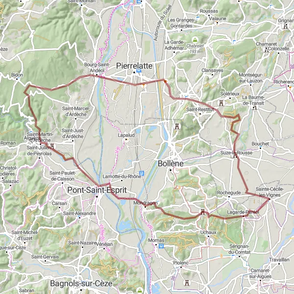 Kartminiatyr av "Grustur genom Vallon de Tourne och Bourg-Saint-Andéol" cykelinspiration i Provence-Alpes-Côte d’Azur, France. Genererad av Tarmacs.app cykelruttplanerare