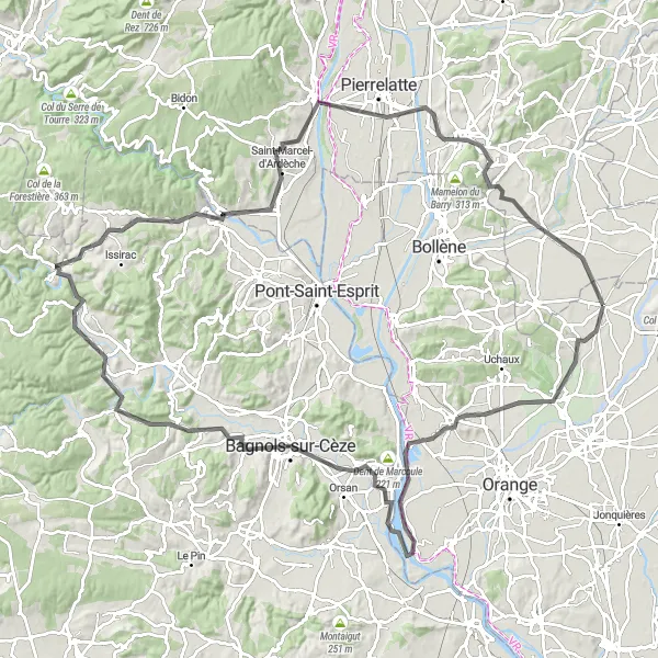 Mapa miniatúra "Cesta cez Bagnols-sur-Cèze" cyklistická inšpirácia v Provence-Alpes-Côte d’Azur, France. Vygenerované cyklistickým plánovačom trás Tarmacs.app