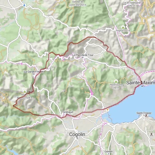 Miniatua del mapa de inspiración ciclista "Aventura en Grava hacia La Garde-Freinet" en Provence-Alpes-Côte d’Azur, France. Generado por Tarmacs.app planificador de rutas ciclistas