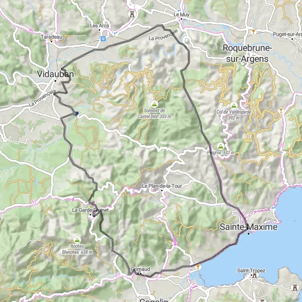 Miniatuurkaart van de fietsinspiratie "Verkenningstocht naar Vidauban en Col du Gratteloup" in Provence-Alpes-Côte d’Azur, France. Gemaakt door de Tarmacs.app fietsrouteplanner