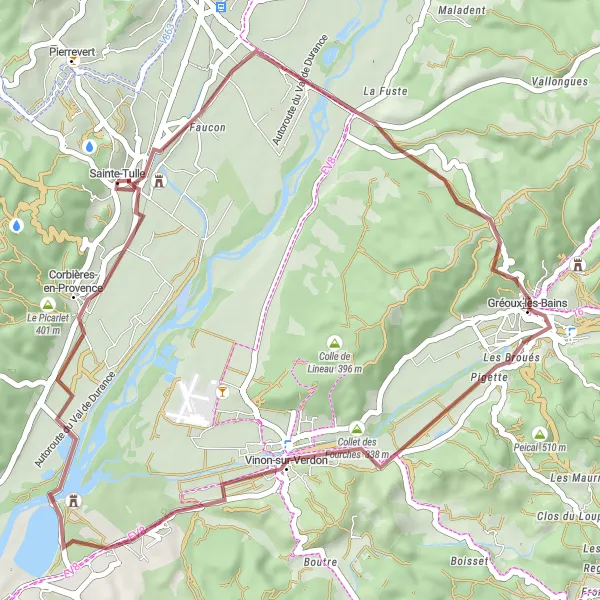 Miniaturní mapa "Gravel Přes Gréoux-les-Bains a Vinon-sur-Verdon" inspirace pro cyklisty v oblasti Provence-Alpes-Côte d’Azur, France. Vytvořeno pomocí plánovače tras Tarmacs.app
