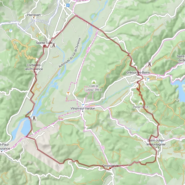 Mapa miniatúra "Gravelová výzva cez Gréoux-les-Bains" cyklistická inšpirácia v Provence-Alpes-Côte d’Azur, France. Vygenerované cyklistickým plánovačom trás Tarmacs.app