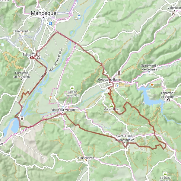 Mapa miniatúra "Výlet na bicykli k Vinon-sur-Verdon" cyklistická inšpirácia v Provence-Alpes-Côte d’Azur, France. Vygenerované cyklistickým plánovačom trás Tarmacs.app