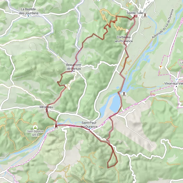 Map miniature of "Corbières-en-Provence and Durance Gravel Route" cycling inspiration in Provence-Alpes-Côte d’Azur, France. Generated by Tarmacs.app cycling route planner