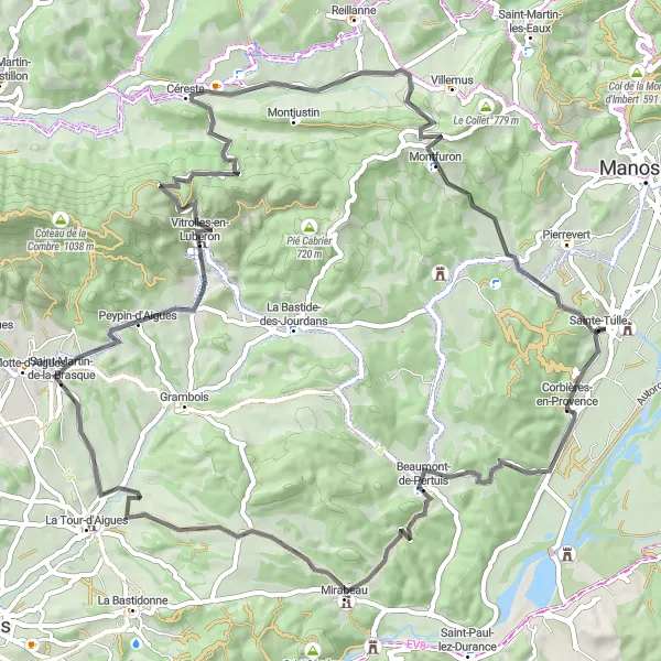 Mapa miniatúra "Road Cycling Adventure around Corbières-en-Provence" cyklistická inšpirácia v Provence-Alpes-Côte d’Azur, France. Vygenerované cyklistickým plánovačom trás Tarmacs.app